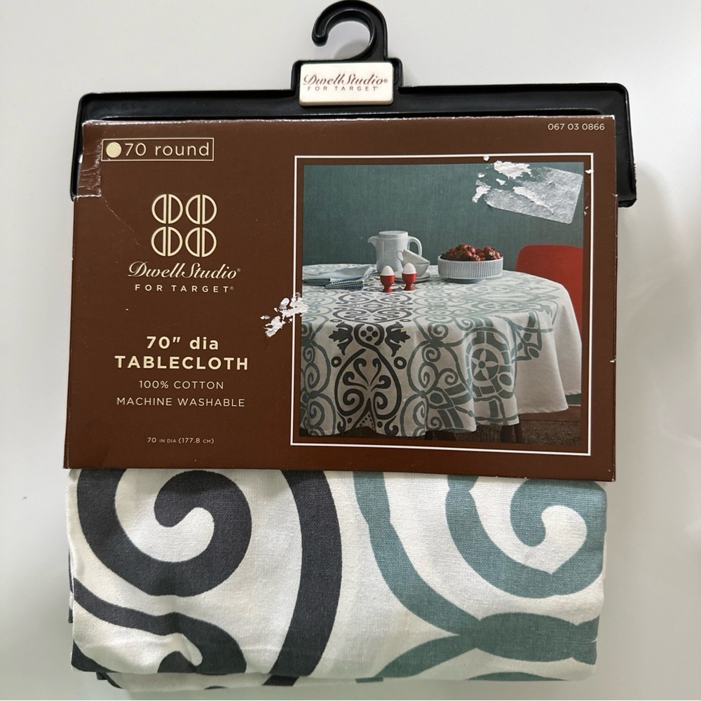 DWELL STUDIO 100% COTTON Round 70”TABLECLOTH Blue Green Gray Mediterranean *NEW*